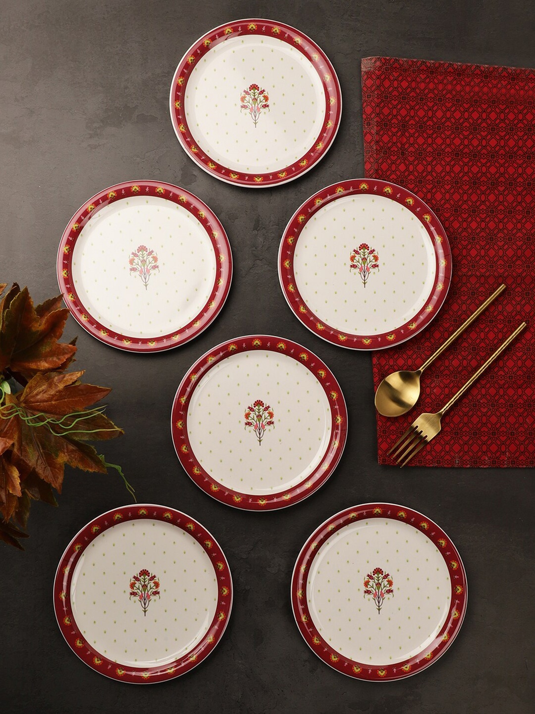 

Servewell White & Red 12 Pieces Floral Printed Melamine Glossy Plates