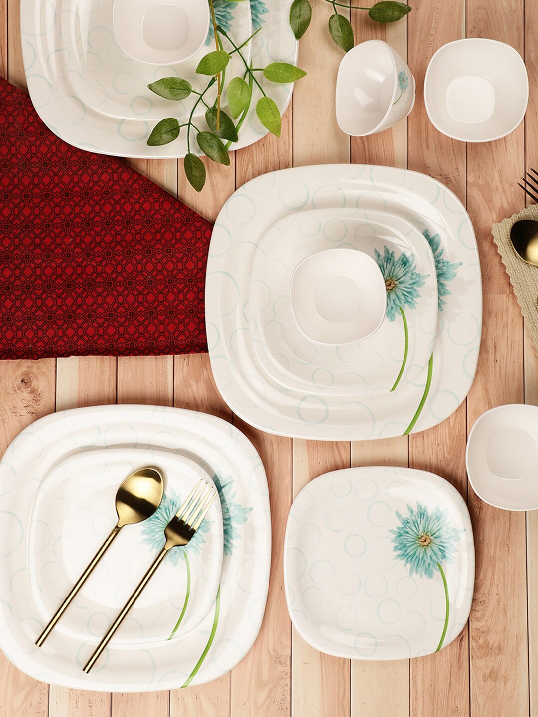 

Servewell White & Blue Pieces Floral Printed Melamine Glossy Dinner Set