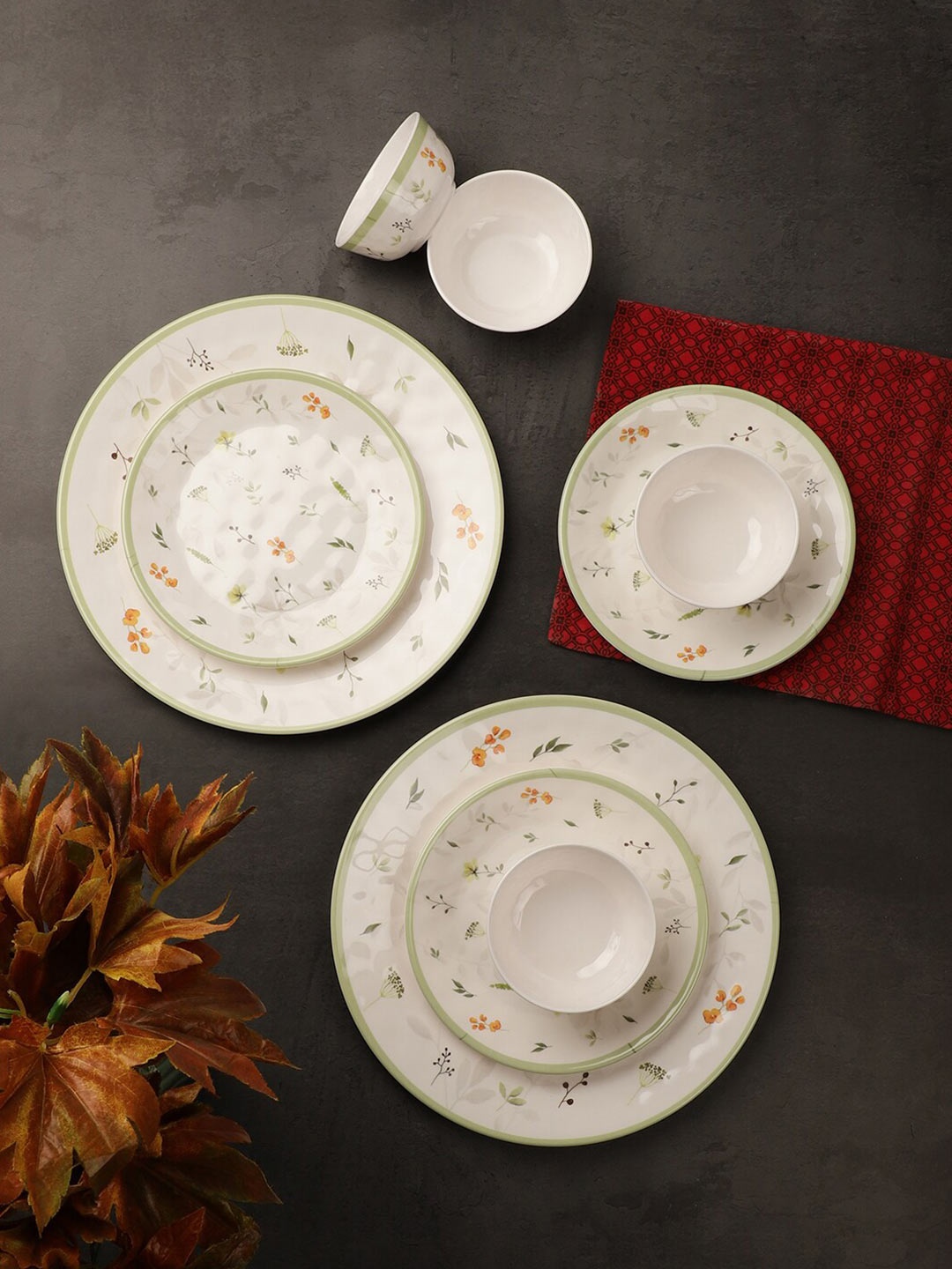 

Servewell White & Green Pieces Floral Printed Melamine Glossy Dinner Set