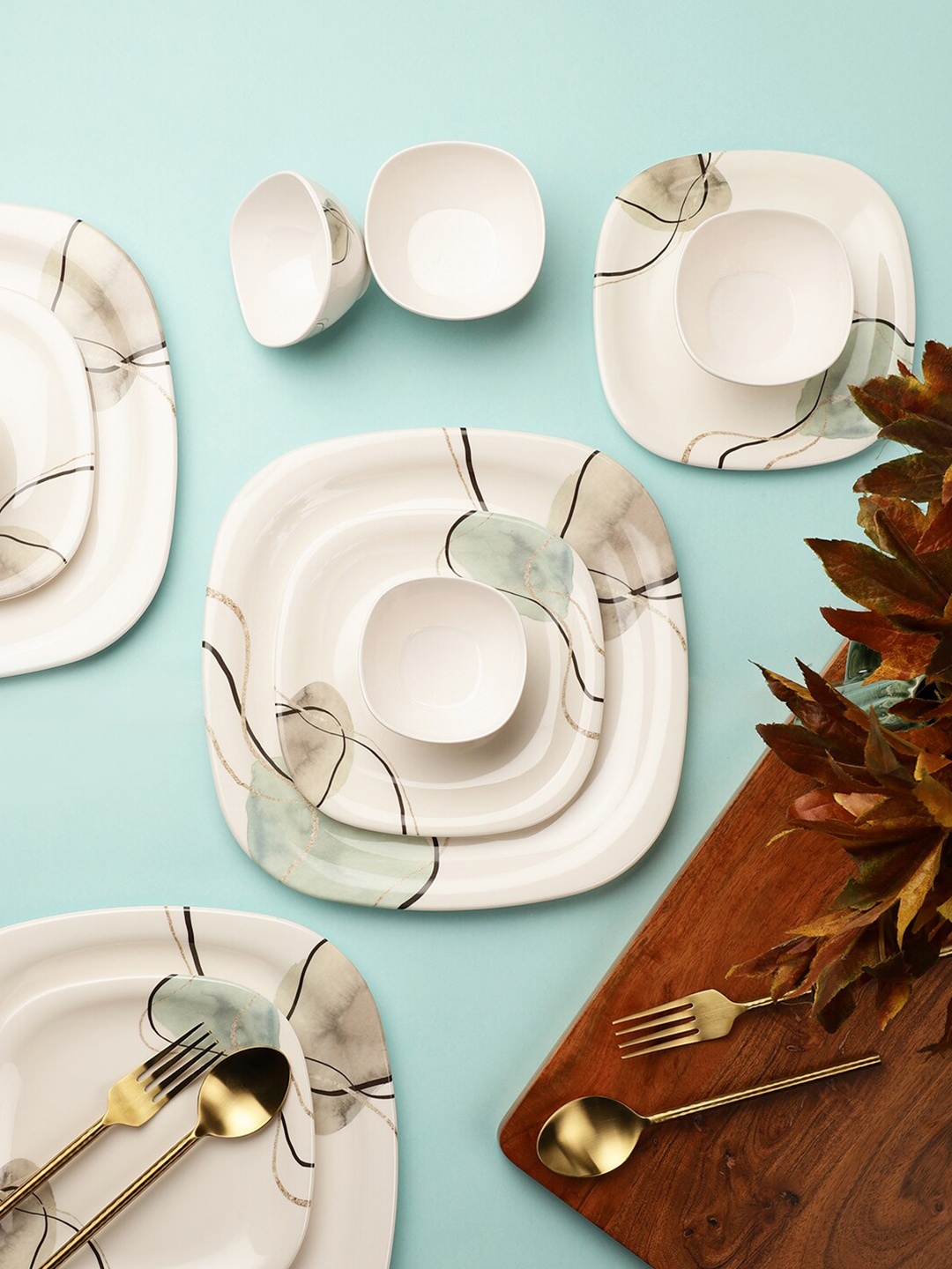 

Servewell White & Green Pieces Floral Printed Melamine Glossy Dinner Set