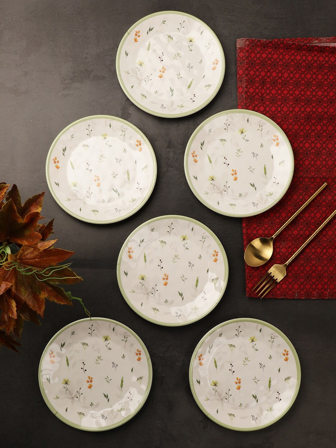 

Servewell White & Green 12 Pieces Floral Printed Melamine Glossy Plates