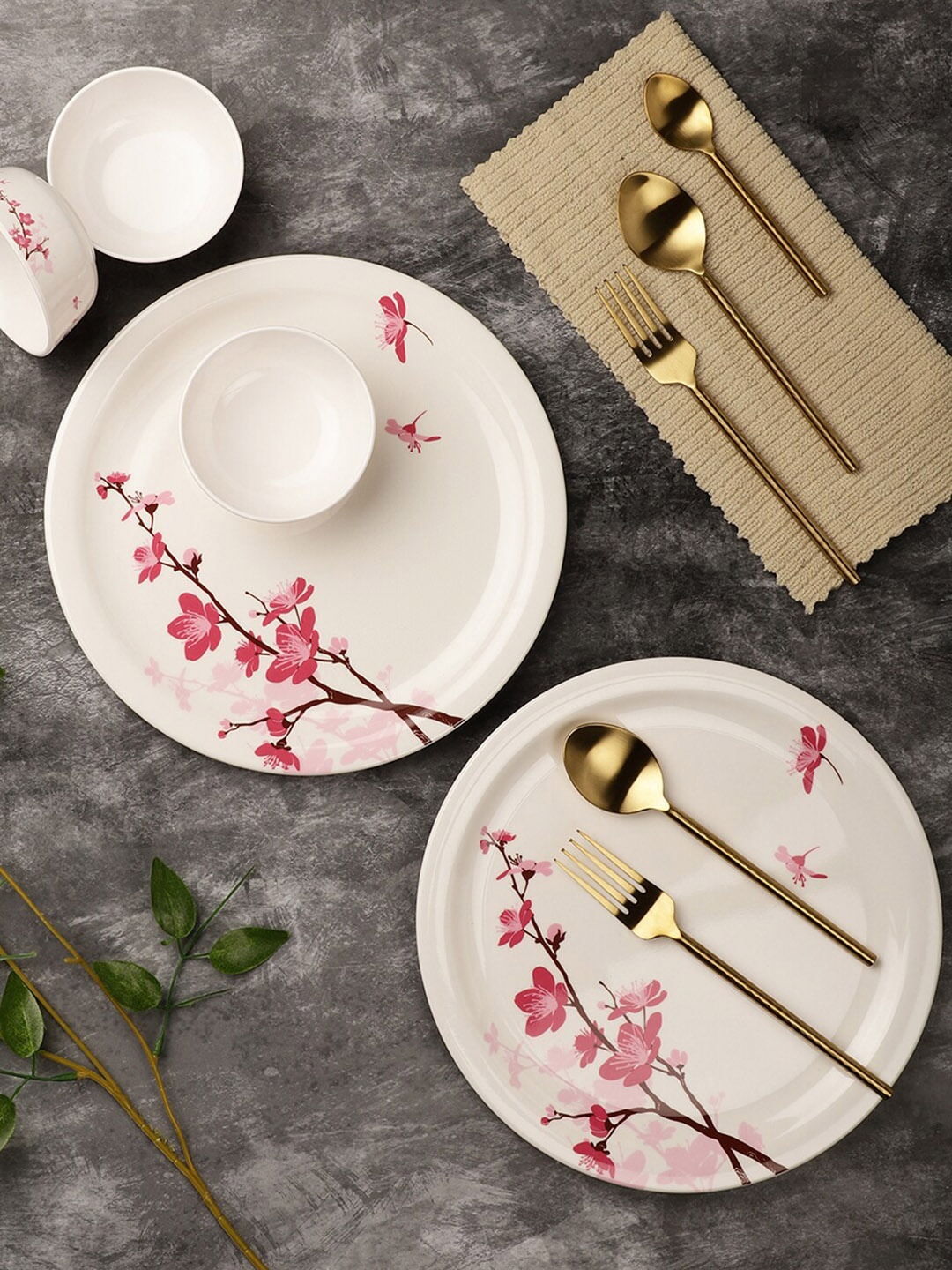 

Servewell White & Pink 12 Pieces Floral Printed Melamine Glossy Dinner Set