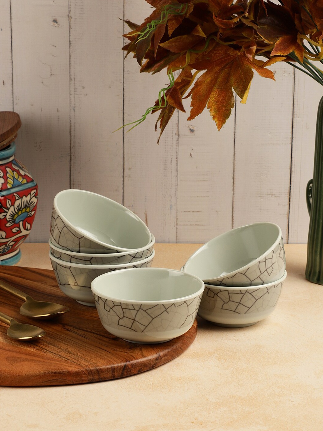 

Servewell Grey & Black 12 Pieces Geometric Printed Melamine Glossy Bowls