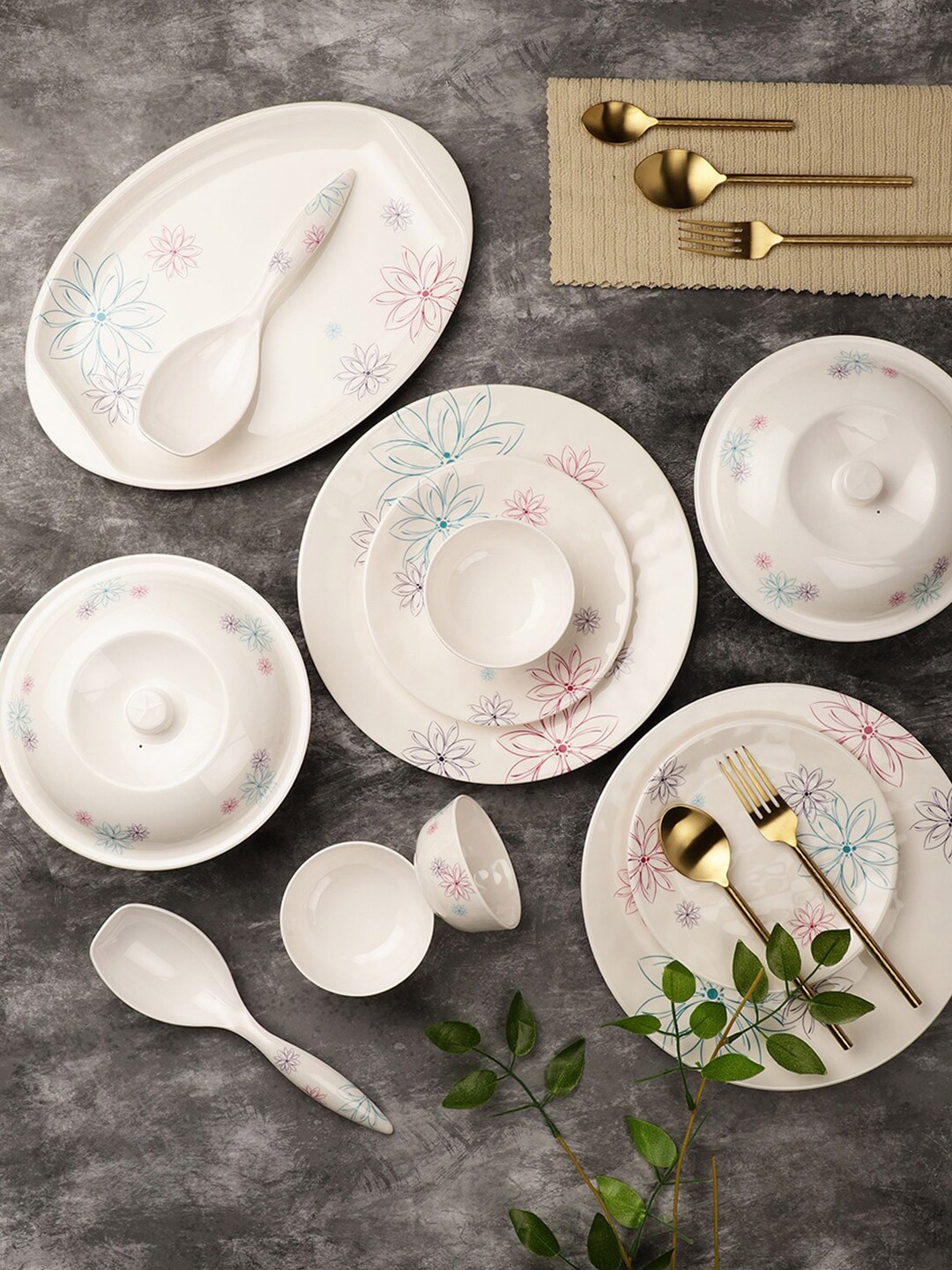 

Servewell White & Blue Pieces Floral Printed Melamine Glossy Dinner Set