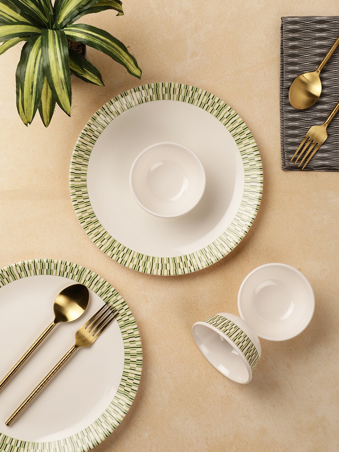 

Servewell White & Green 12 Pieces Geometric Printed Melamine Glossy Dinner Set