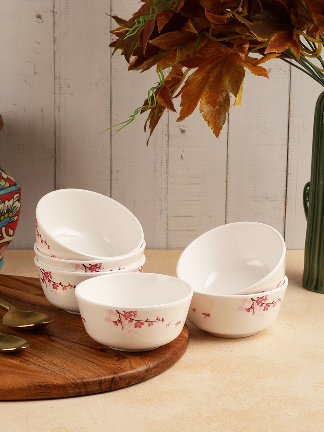 

Servewell White & Pink 12 Pieces Floral Printed Melamine Glossy Bowls