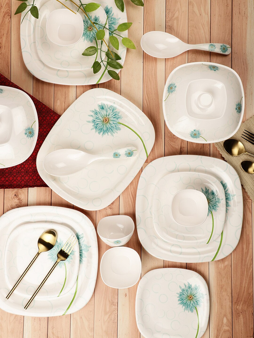 

Servewell White & Blue Pieces Floral Printed Melamine Glossy Dinner Set