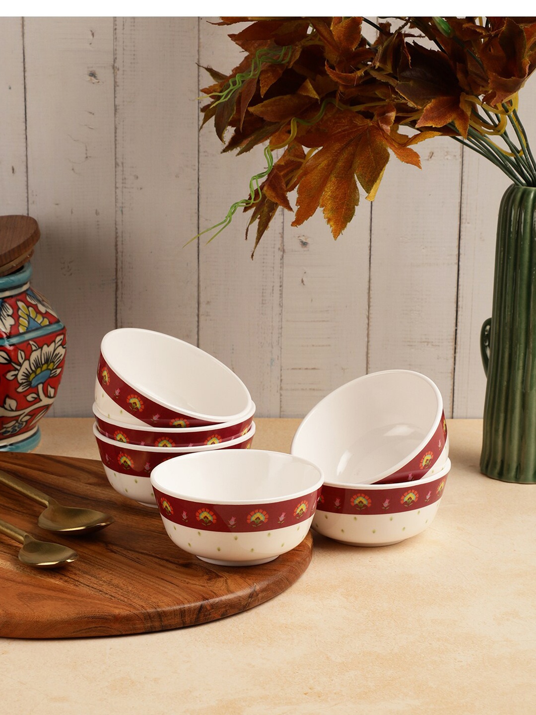 

Servewell White & Maroon 12 Pieces Floral Printed Melamine Glossy Bowls