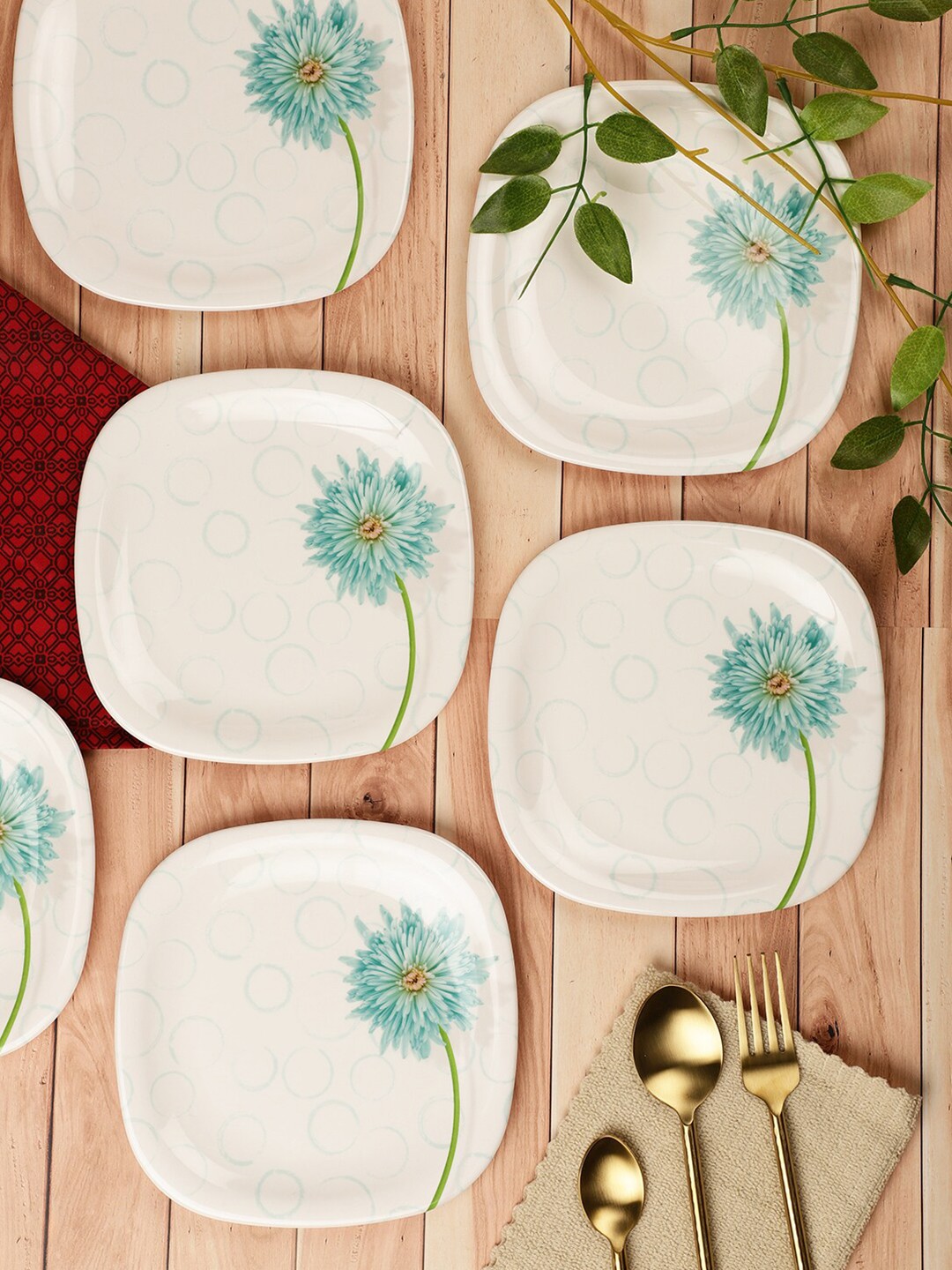 

Servewell White & Green 12 Pieces Floral Printed Melamine Glossy Plates