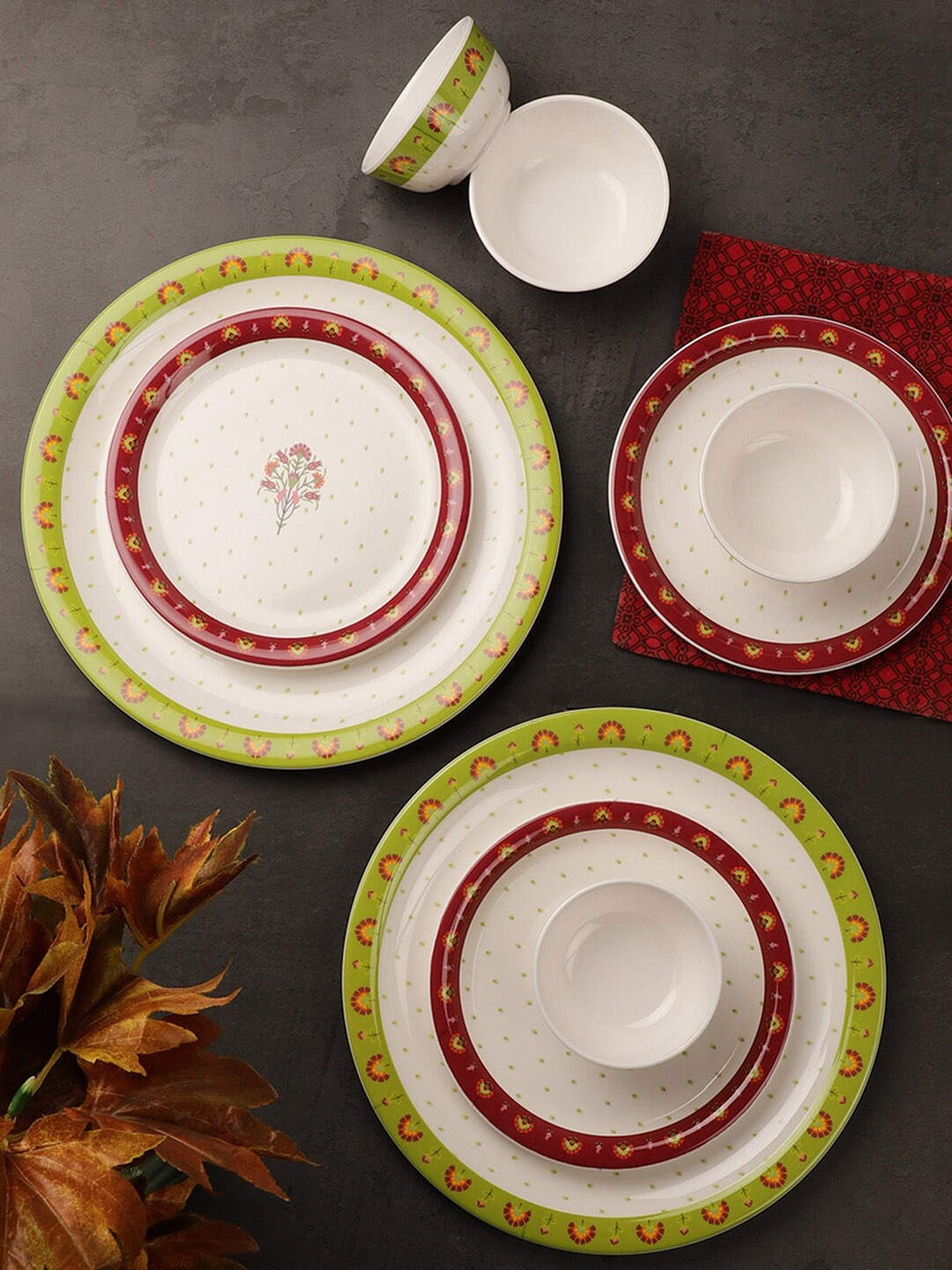 

Servewell White & Green Pieces Floral Printed Melamine Glossy Dinner Set