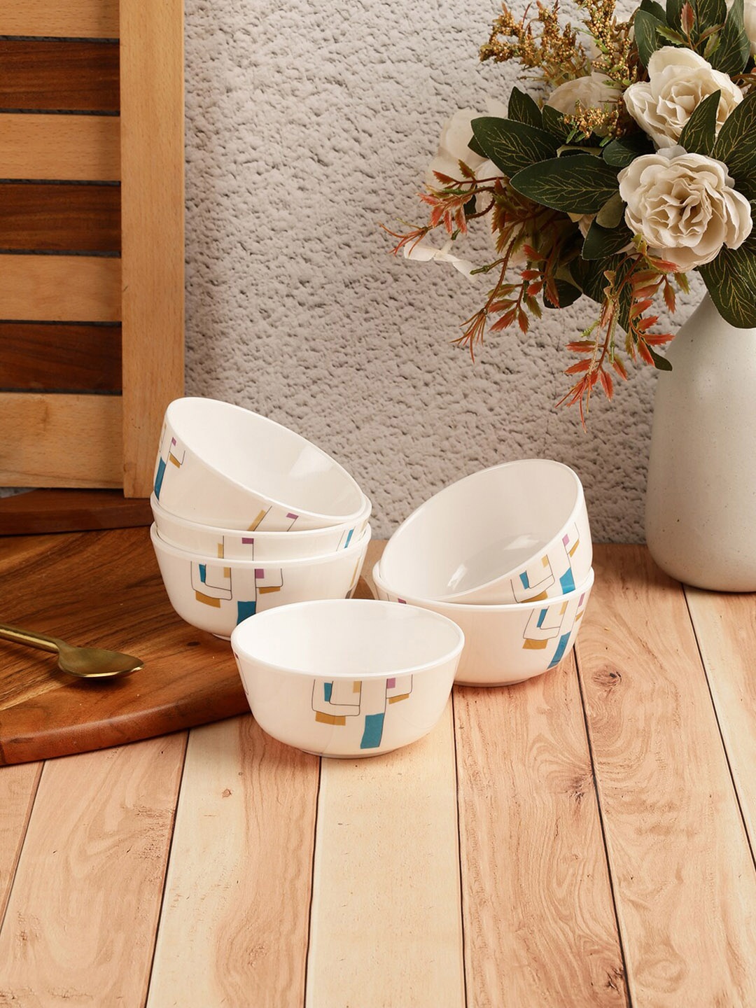 

Servewell White & Blue 12 Pieces Geometric Printed Melamine Glossy Bowls