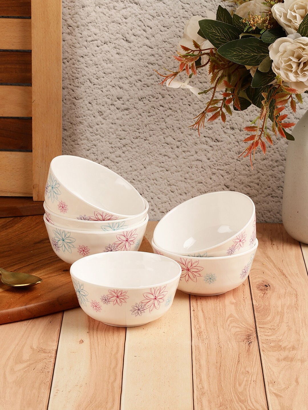 

Servewell White & Blue 12 Pieces Floral Printed Melamine Glossy Bowls
