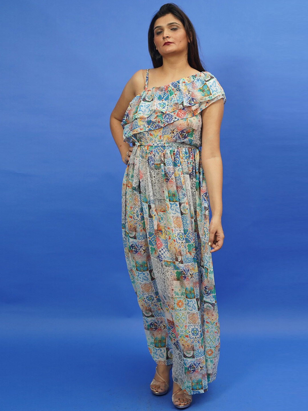 

Rajoria Instyle Multicoloured Floral Georgette Ethnic Maxi Dress, Multi