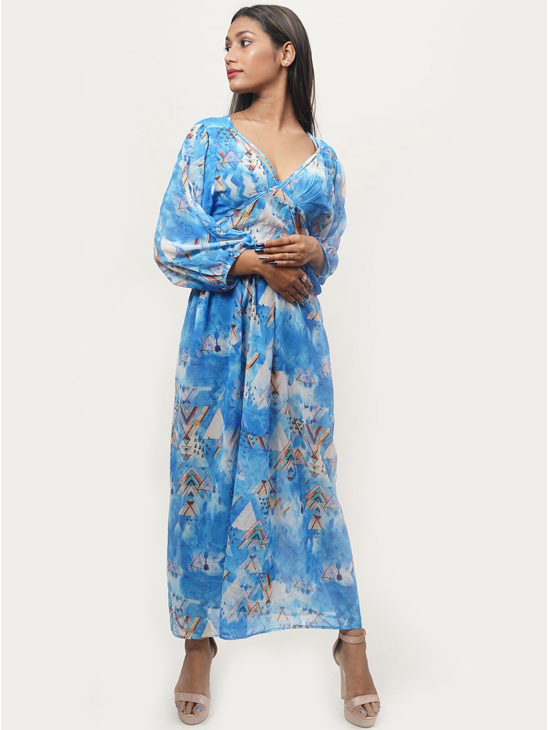 

Rajoria Instyle Multicoloured Floral Georgette Ethnic Midi Dress, Multi