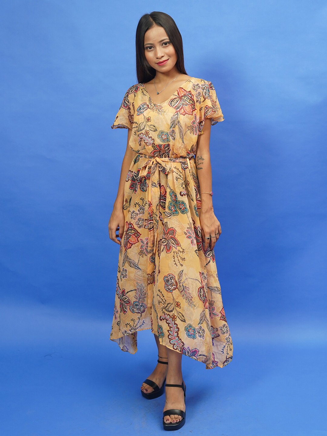 Rajoria Instyle Multicoloured Floral Georgette Ethnic Maxi Dress, Multi