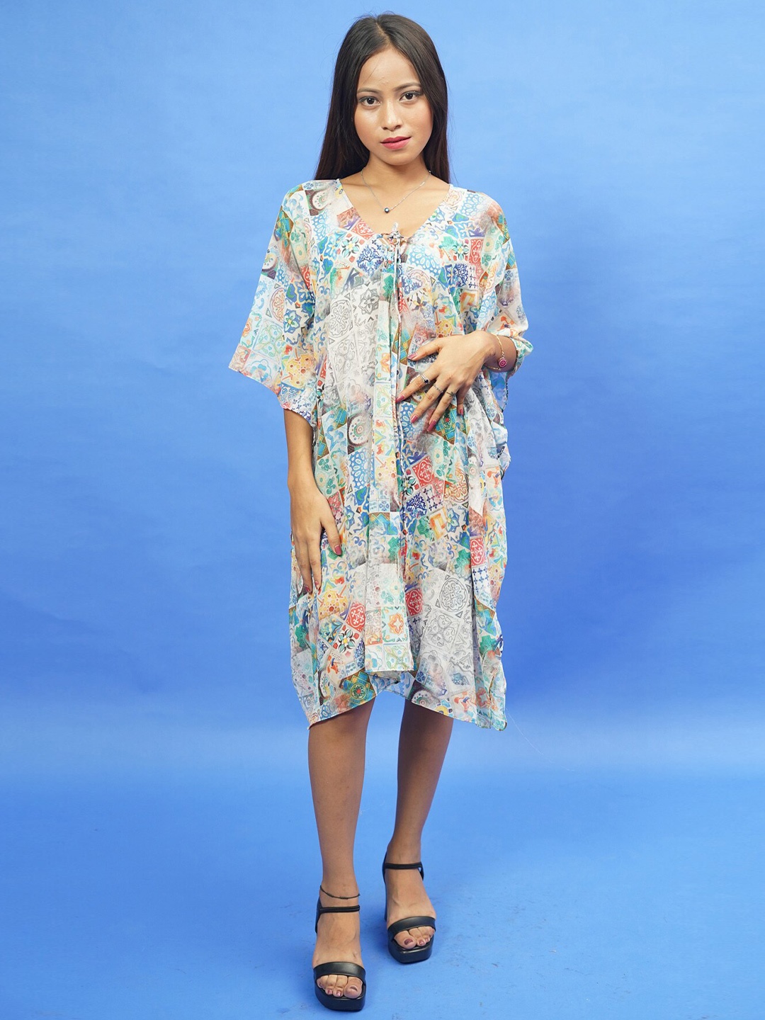 

Rajoria Instyle Multicoloured Floral Georgette Ethnic Kaftan Dress, Multi