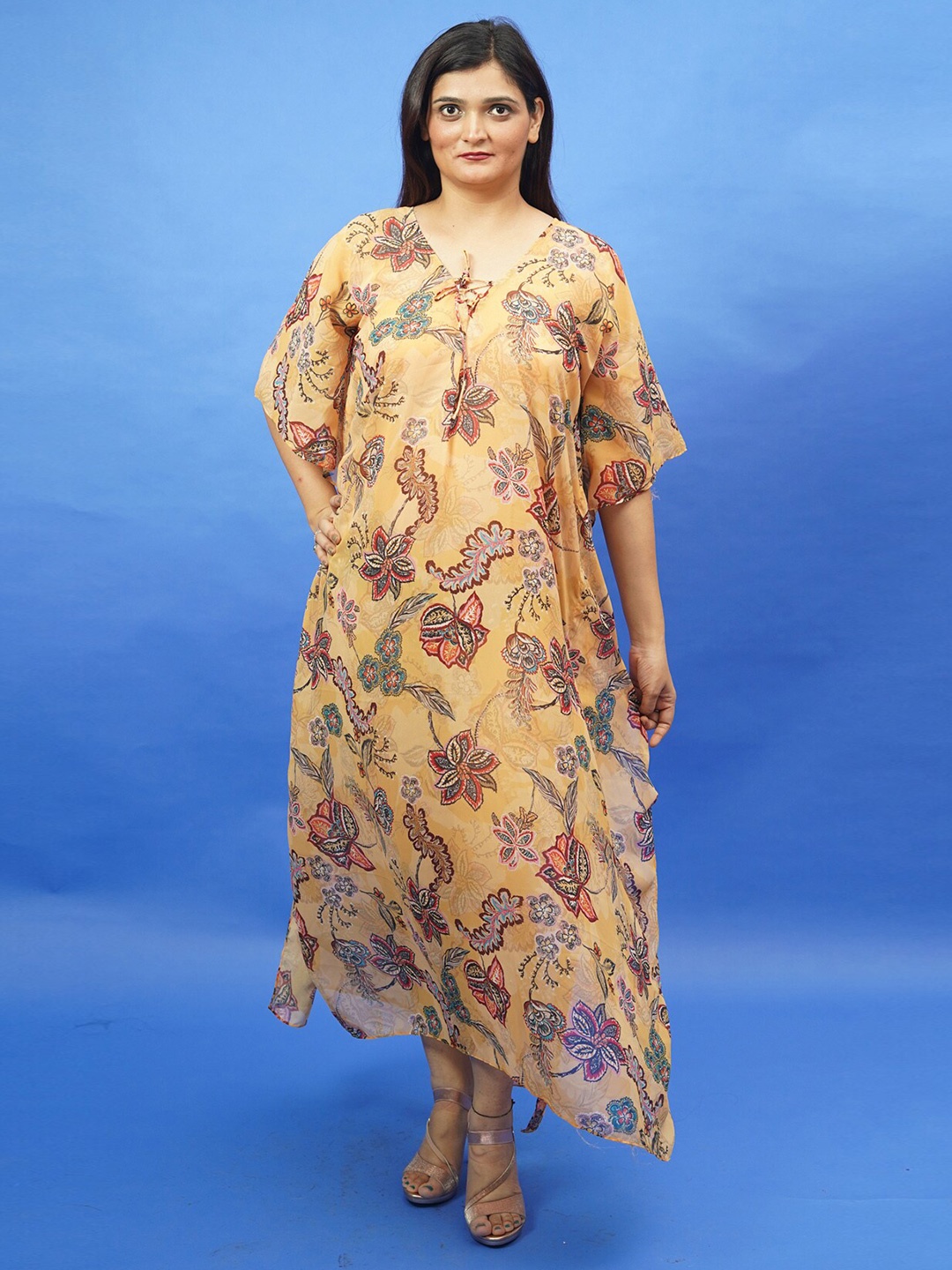 

Rajoria Instyle Multicoloured Floral Tie-Up Neck Georgette Ethnic Kaftan Maxi Dress, Multi