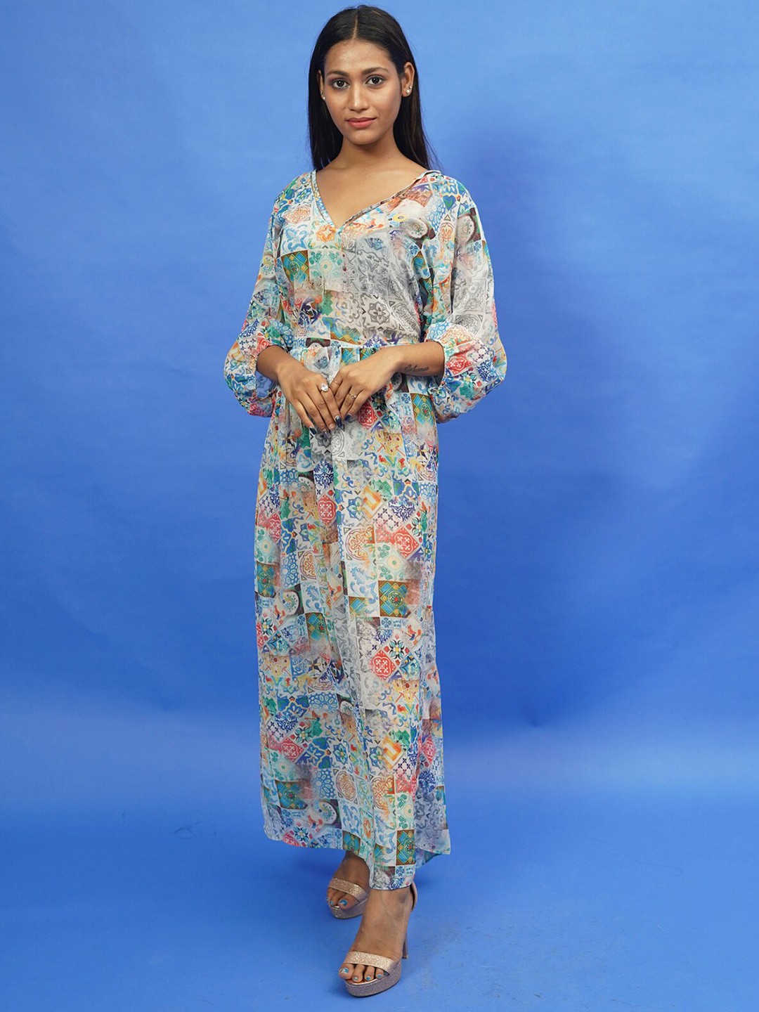 

Rajoria Instyle Multicoloured Floral Georgette Ethnic Maxi Dress, Multi