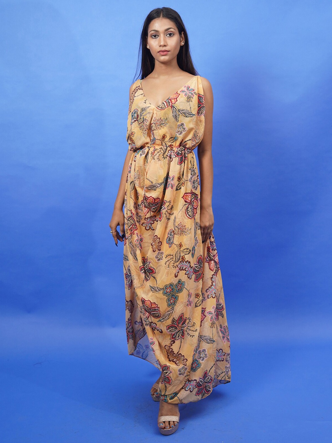 

Rajoria Instyle Multicoloured Floral Georgette Ethnic Maxi Dress, Multi
