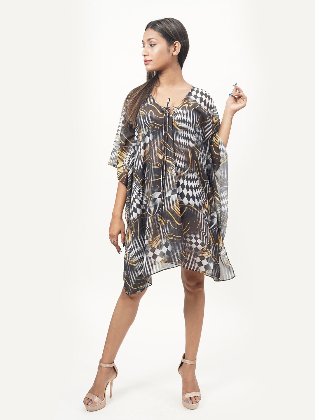 

Rajoria Instyle Multicoloured Animal Georgette Ethnic Kaftan Dress, Multi