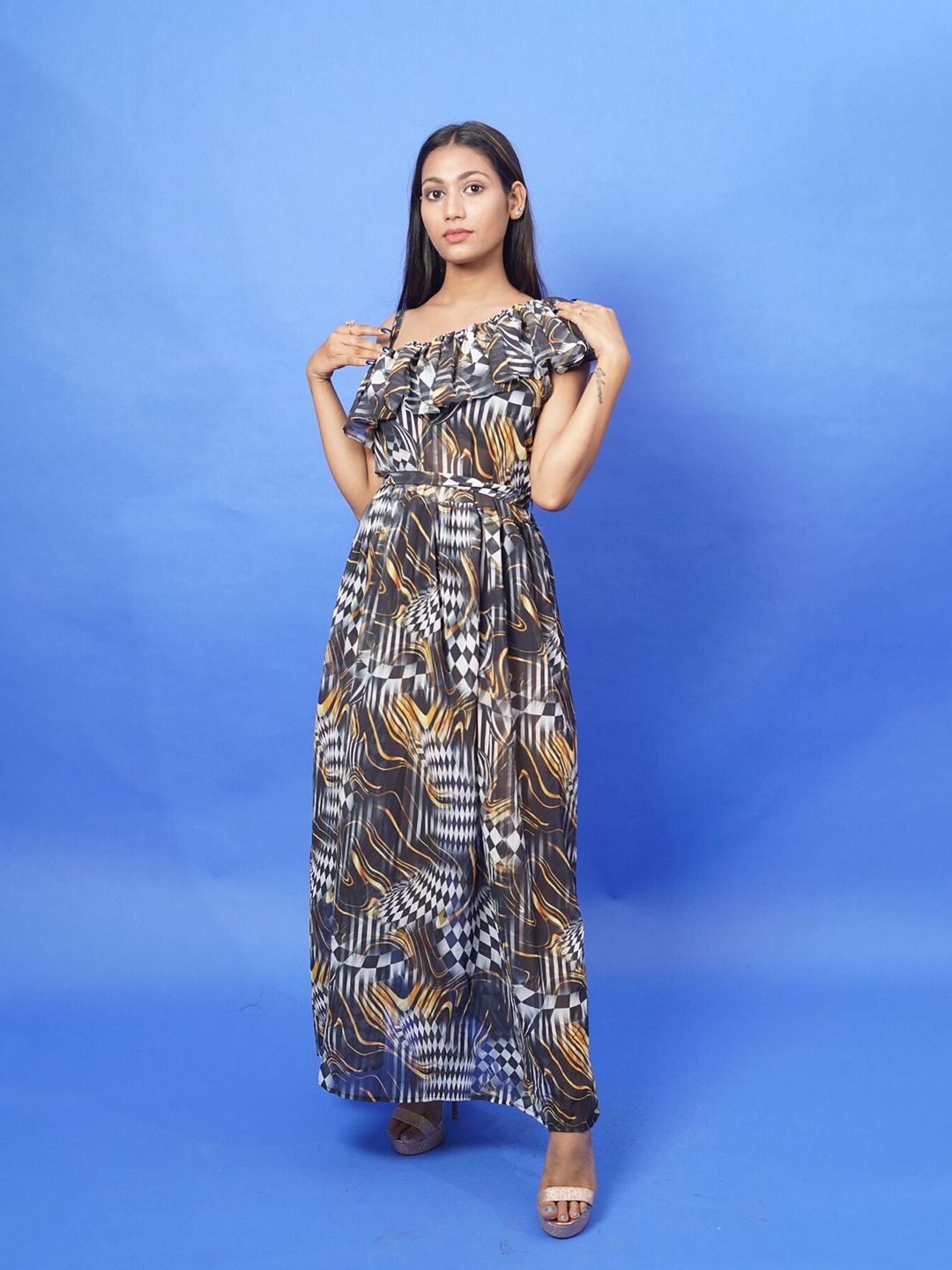 

Rajoria Instyle Multicoloured Animal Georgette Ethnic Maxi Dress, Multi
