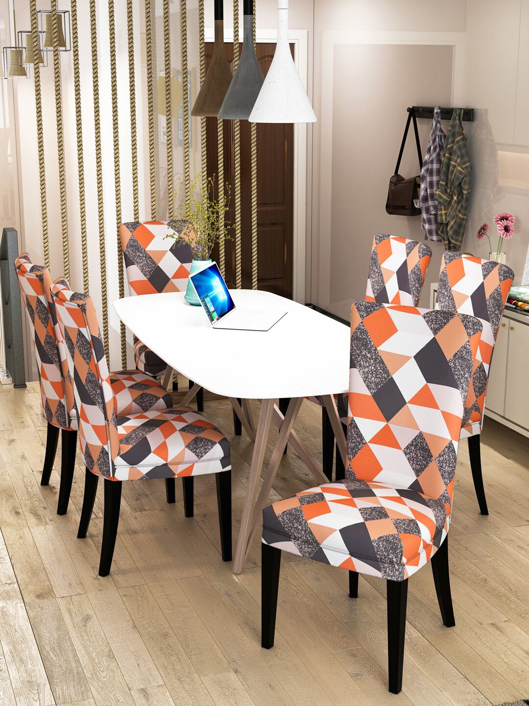 

Nendle Set of 6 Orange & Black Printed Stretchable Dining Table Chair Covers