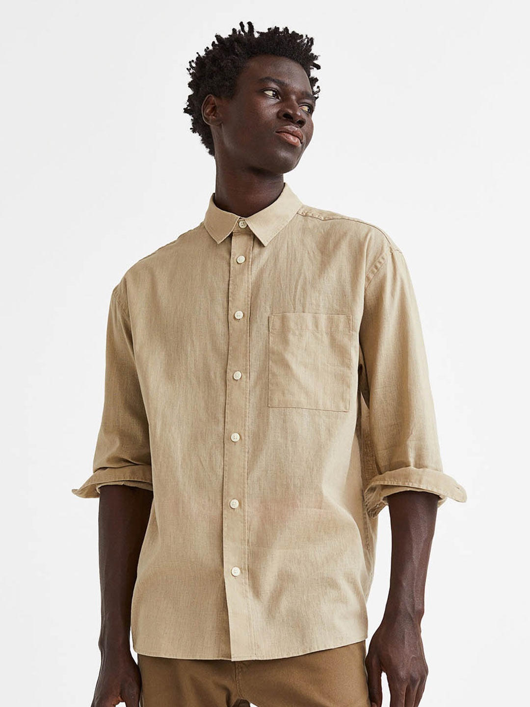 

H&M Men Relaxed Fit Linen-Blend Shirt, Beige
