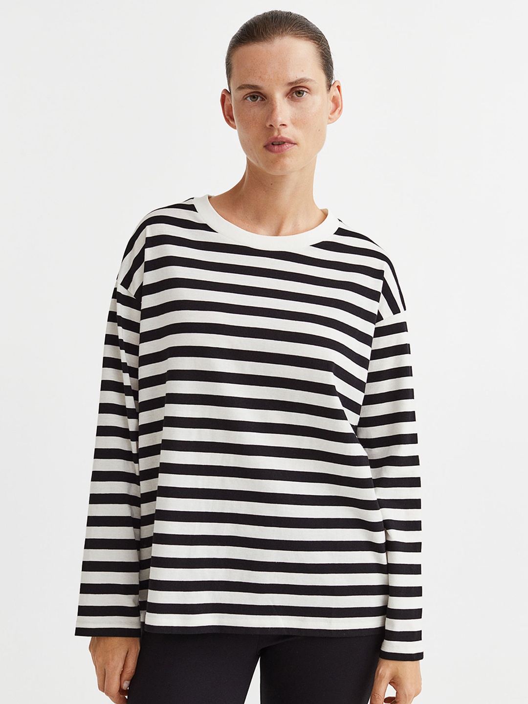 

H&M Women Striped Long-Sleeved Jersey Top, Black