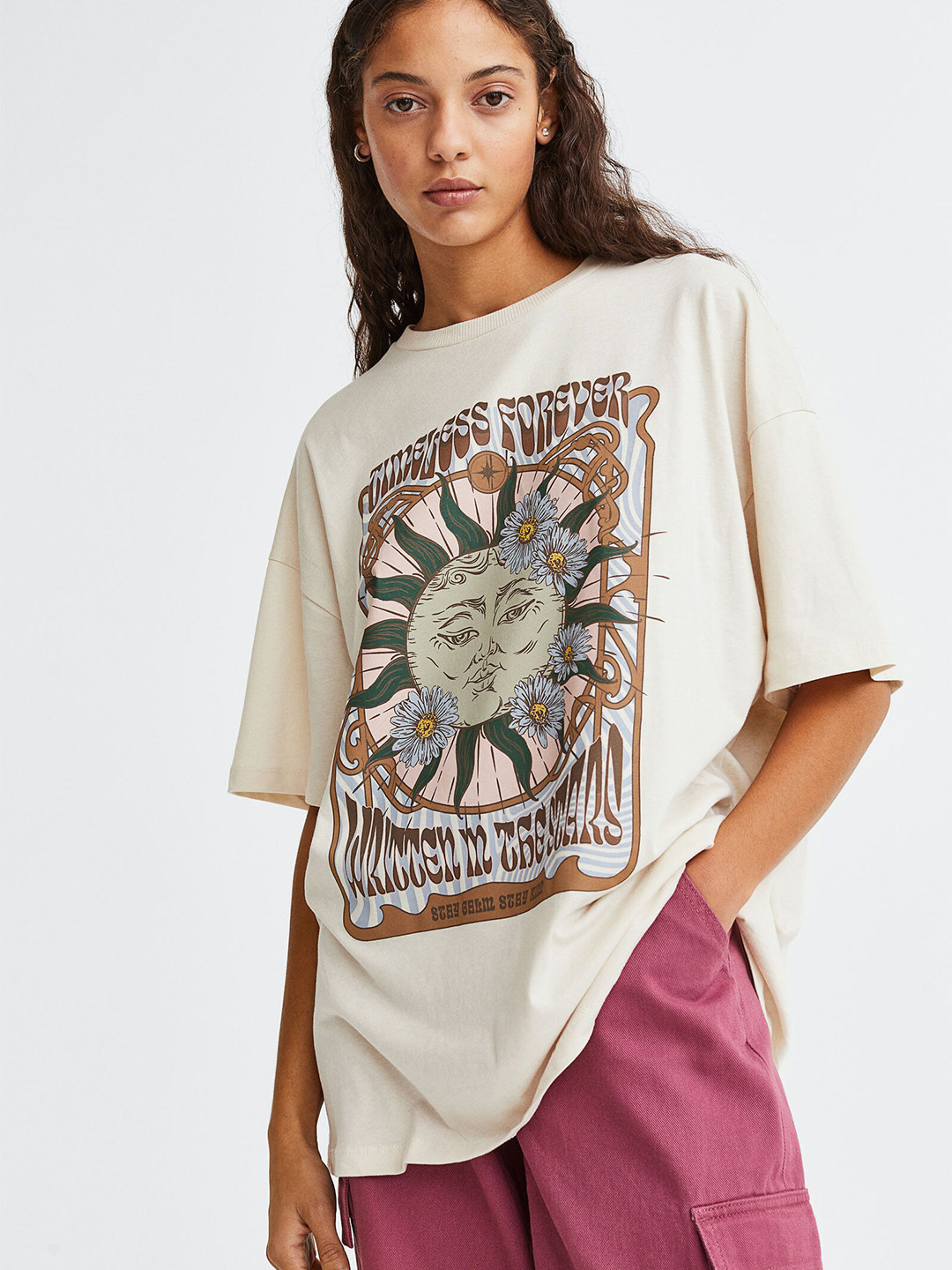 

H&M Women Oversized Printed T-shirt, Beige