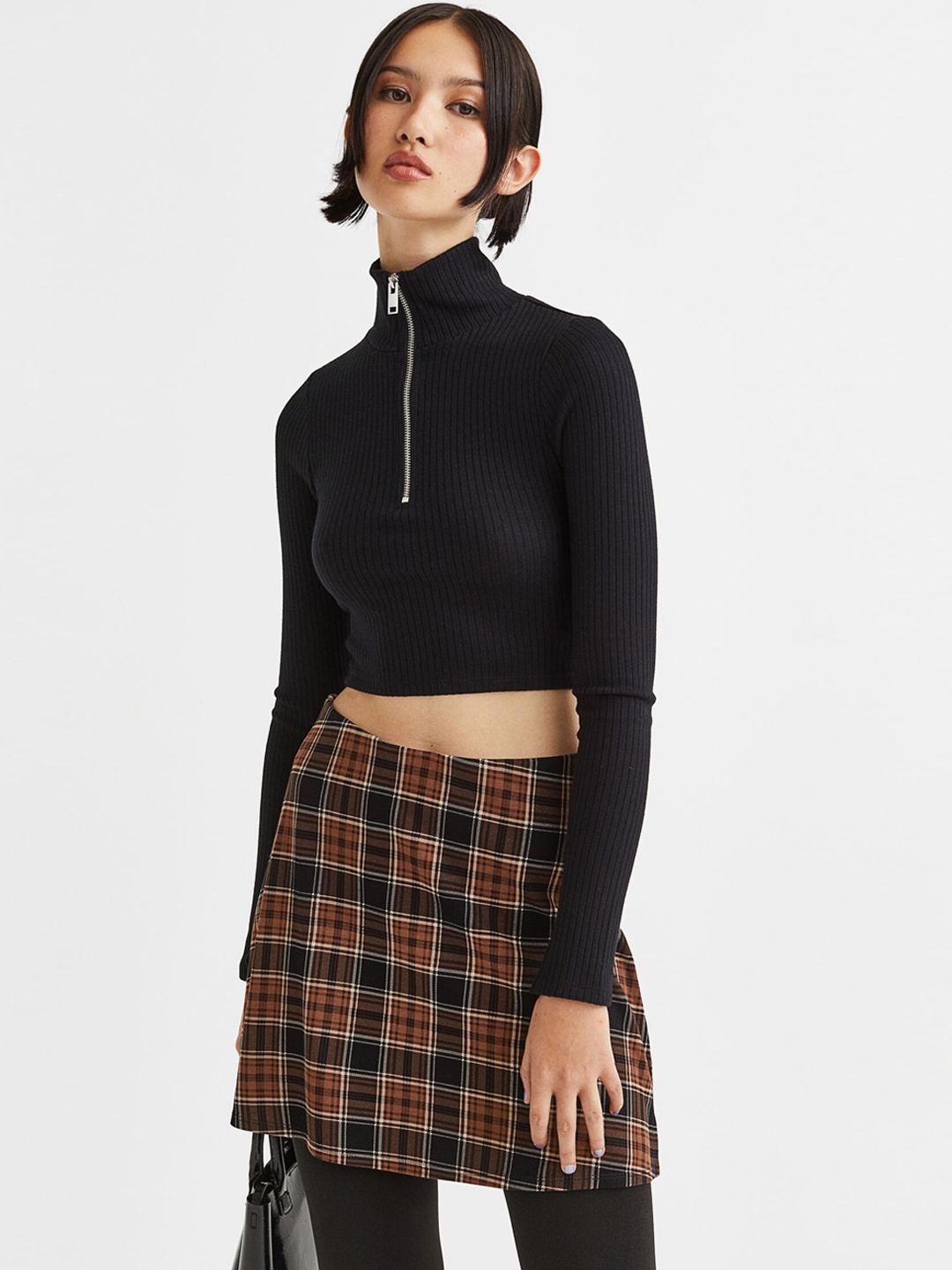 

H&M Women Black & Brown Checked Flared Jersey A-Line Mini Skirt