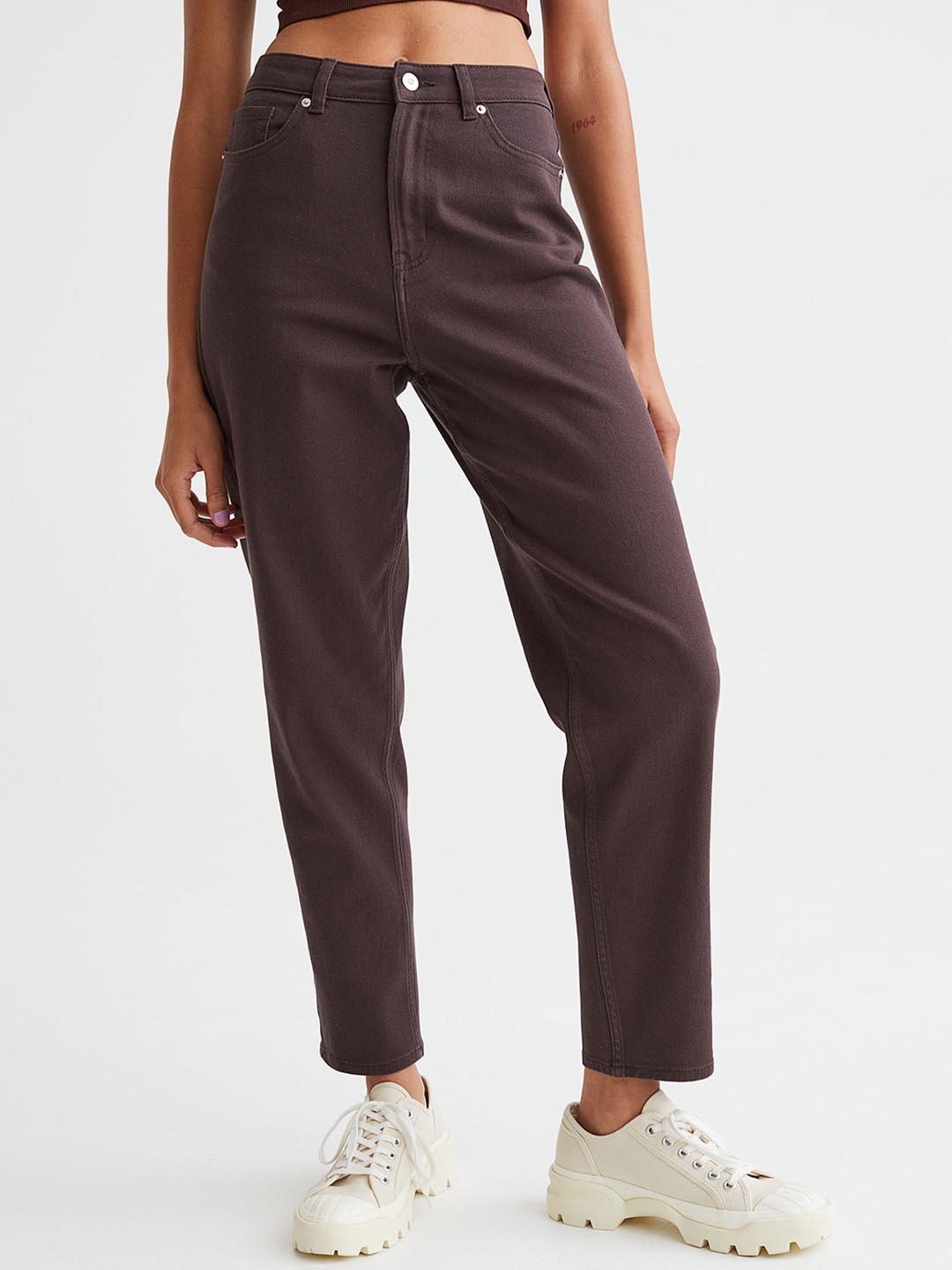 

H&M Women Mom Loose Fit Twill Trousers, Brown