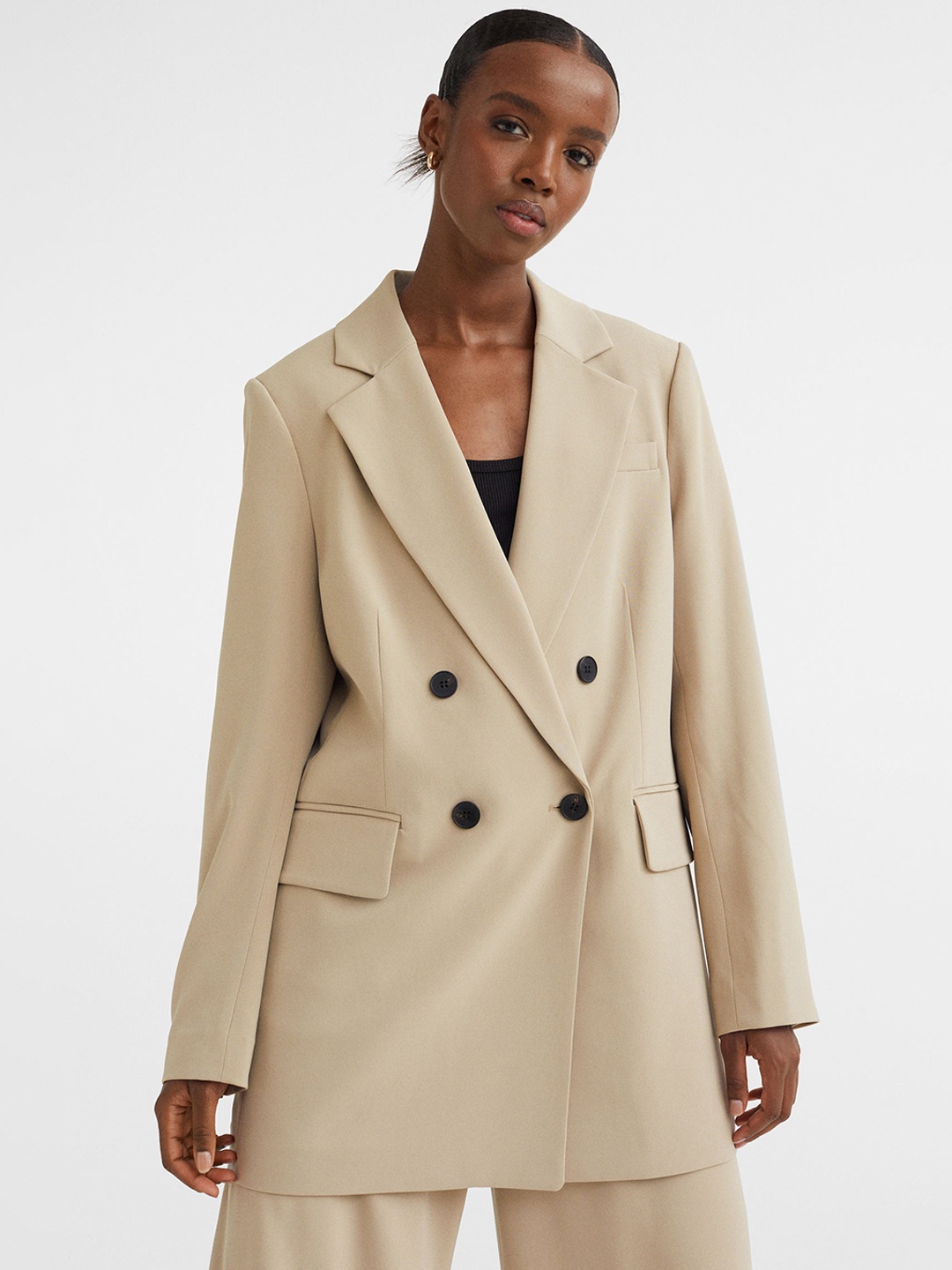 

H&M Women Solid Double-breasted blazer, Beige