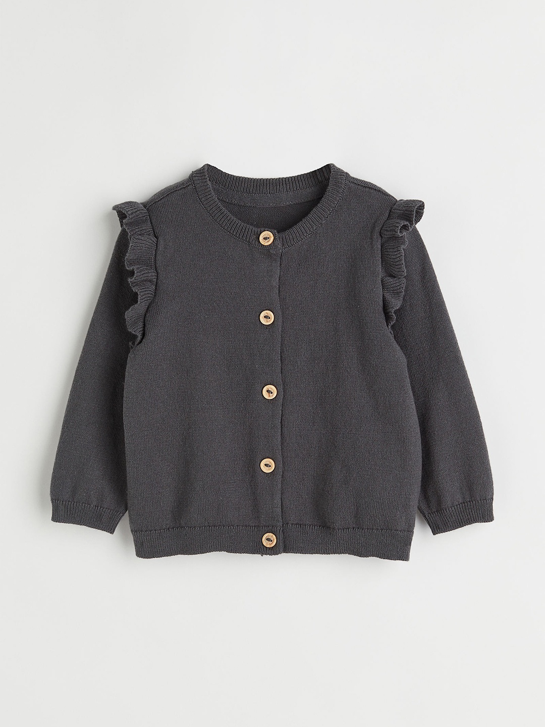 

H&M Girls Grey Solid Pure Cotton Flounce-Trimmed Cardigan