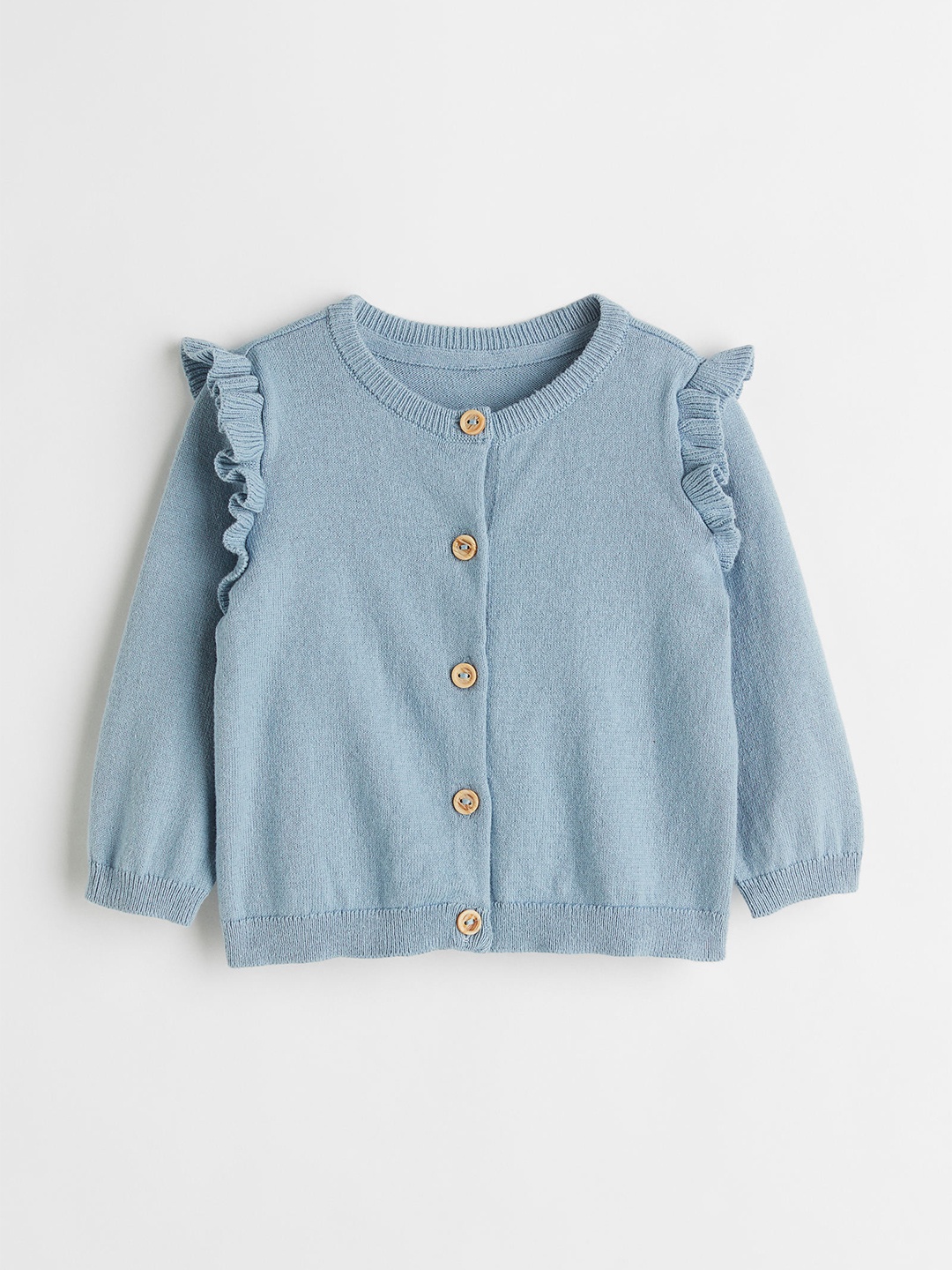 

H&M Girls Blue Solid Pure Cotton Flounce-Trimmed Cardigan