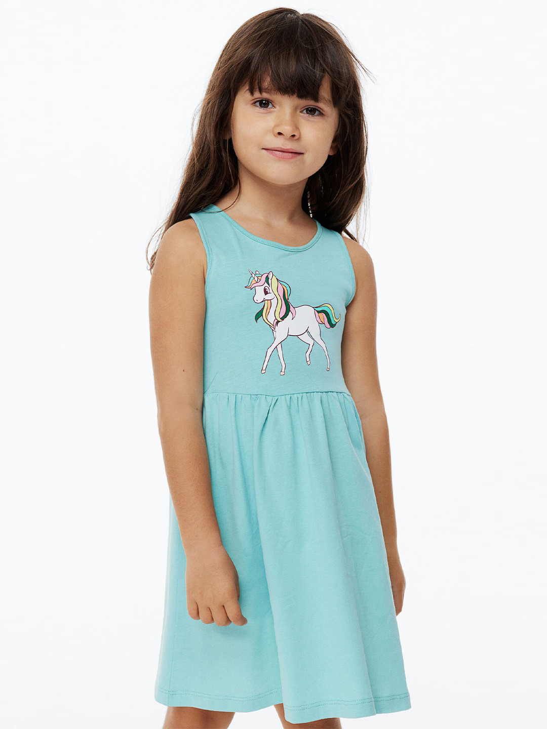 

H&M Girls Patterned Jersey Dress, Turquoise blue