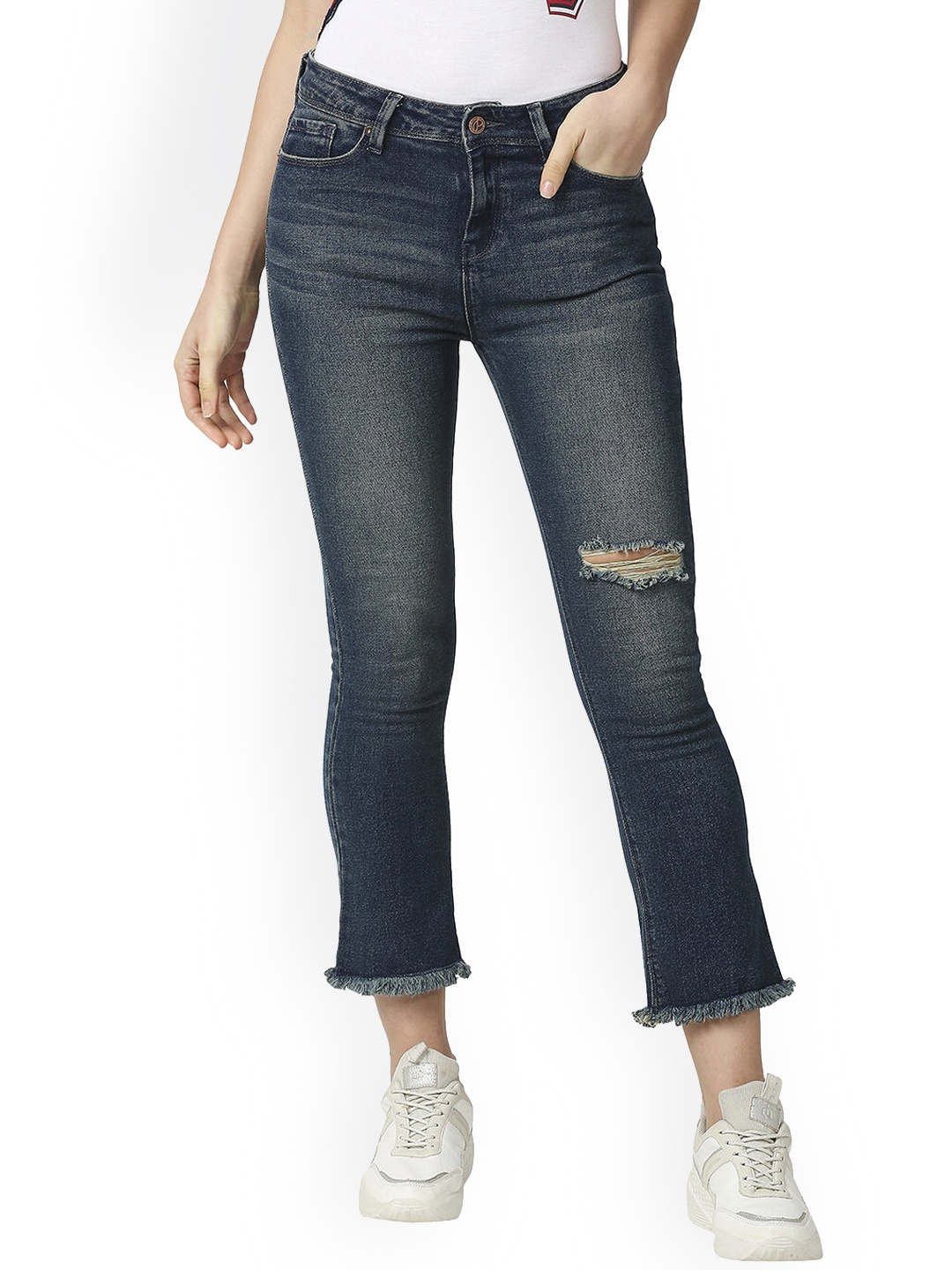 

Pepe Jeans Women Blue Flared High-Rise Slash Knee Light Fade Jeans