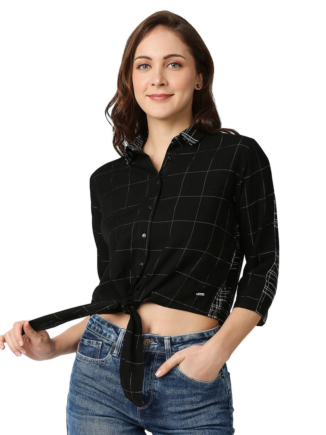

Pepe Jeans Women Black Windowpane Checks Checked Casual Shirt