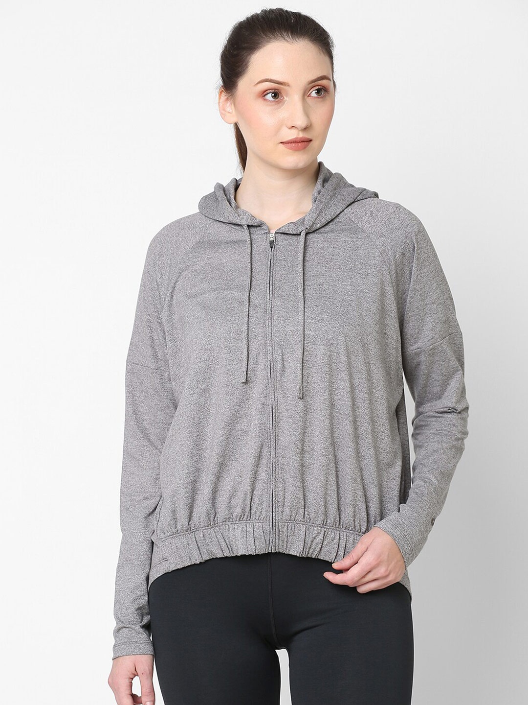 

ASICS Women Soft Stretch Knit Full Zip Solid Hooded Sweatshirt, Grey