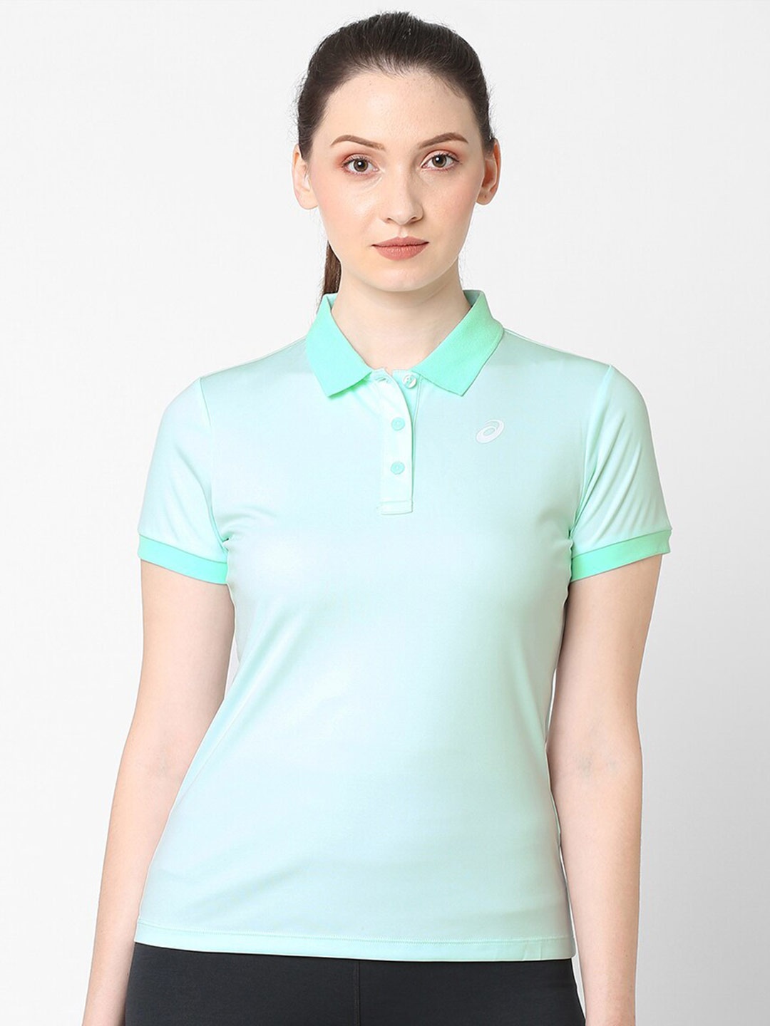 

ASICS Women Green Solid Polo T-Shirt