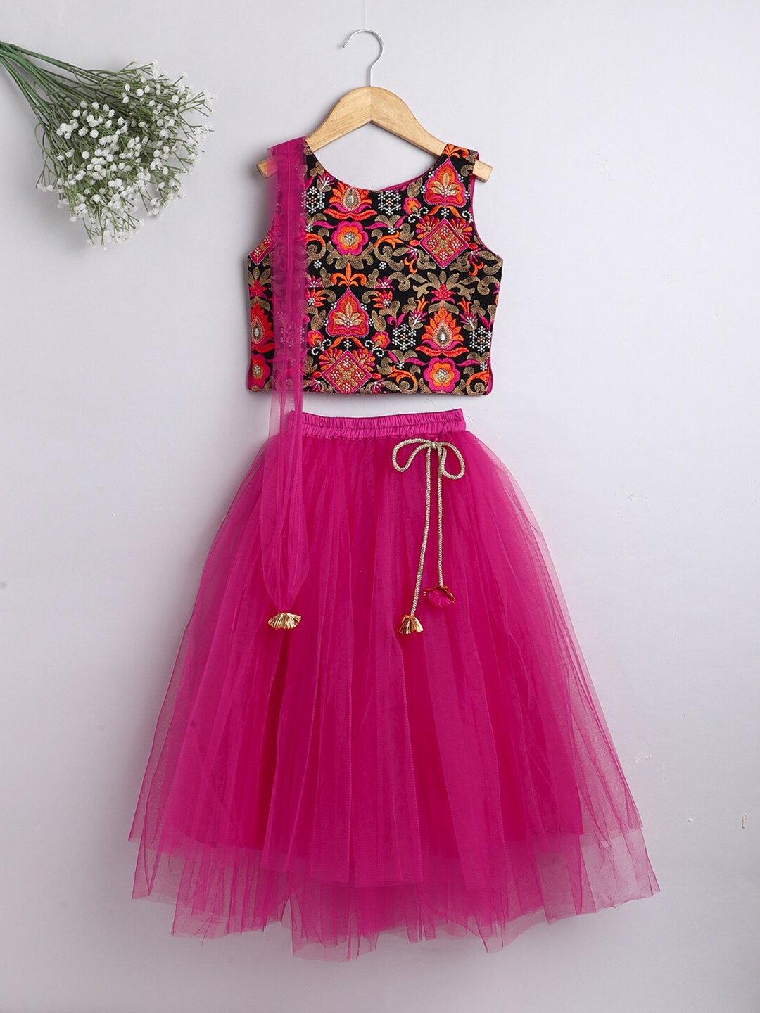 

The Magic Wand Girls Fuchsia Embroidered Ready to Wear Lehenga & Blouse With Dupatta