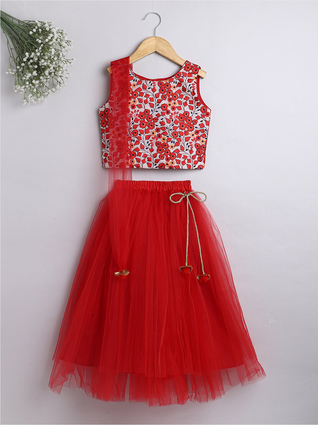 

The Magic Wand Girls Red & Off White Embroidered Ready to Wear Lehenga & Blouse With Dupatta
