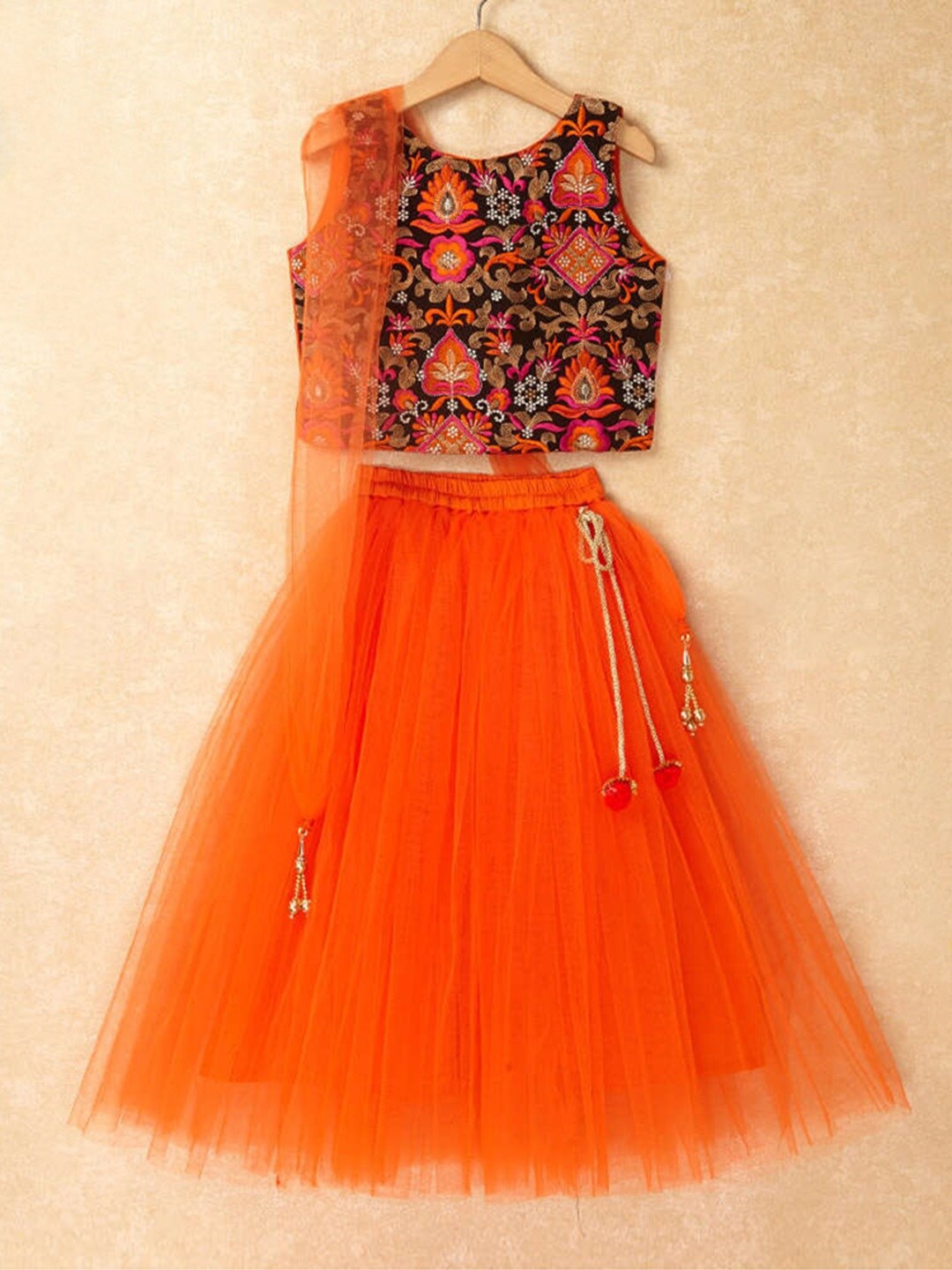 

The Magic Wand Girls Orange & Black Embroidered Ready to Wear Lehenga & Blouse With Dupatta