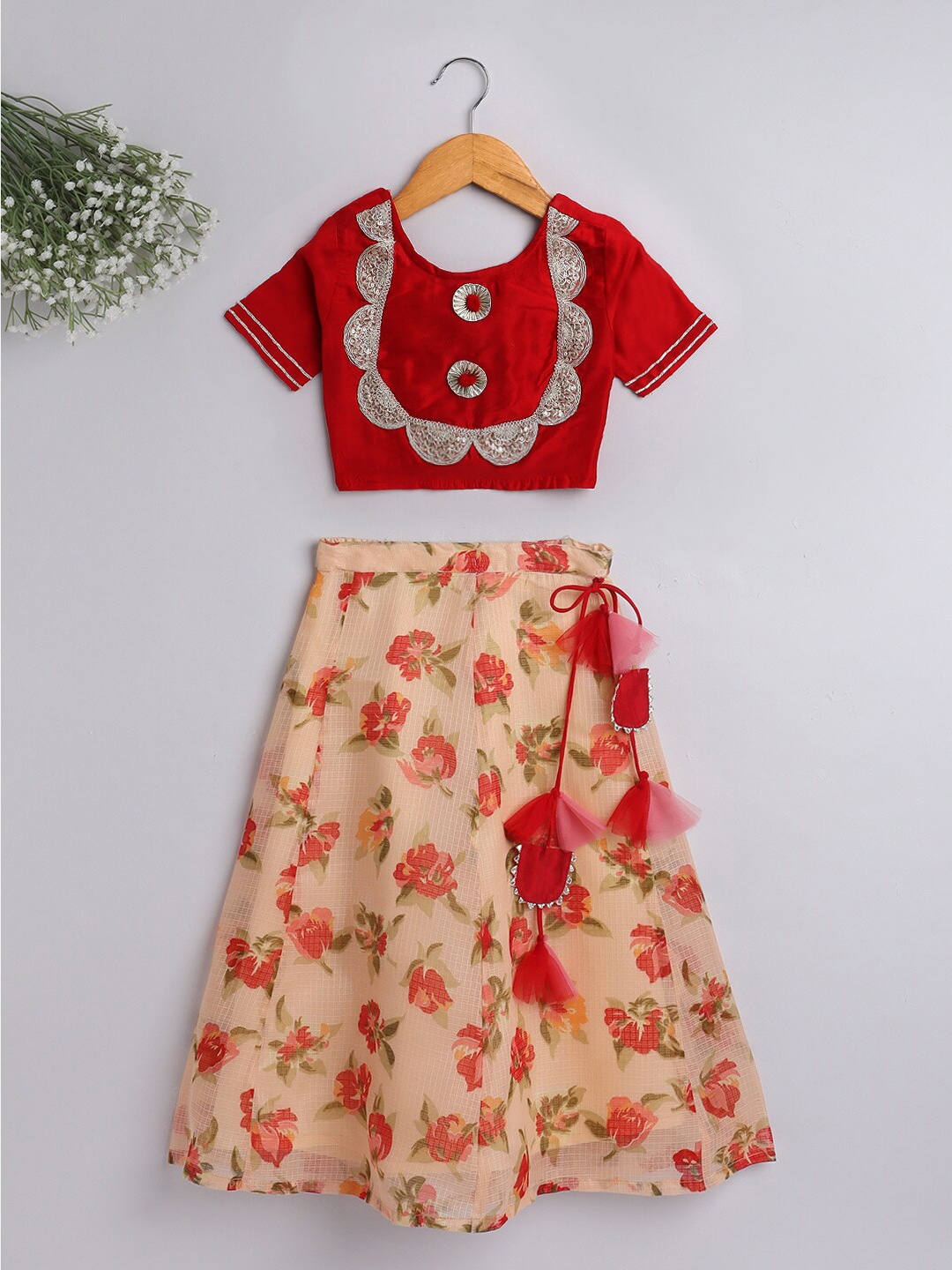 

The Magic Wand Girls Red & Cream-Coloured Embellished Ready to Wear Lehenga &