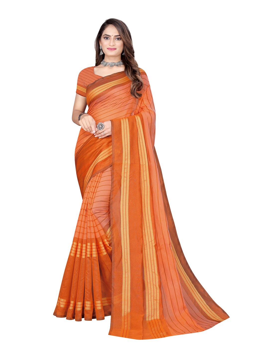 

SAADHVI Orange & Mustard Striped Saree