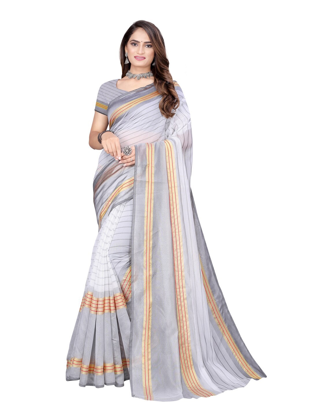 

SAADHVI Grey & White Striped Saree