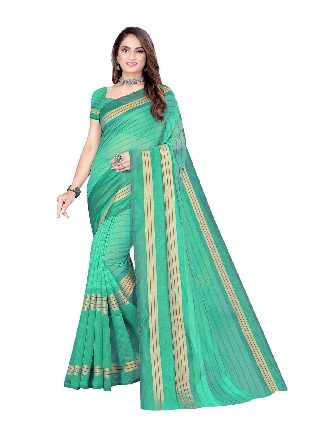 

SAADHVI Green & Red Striped Saree