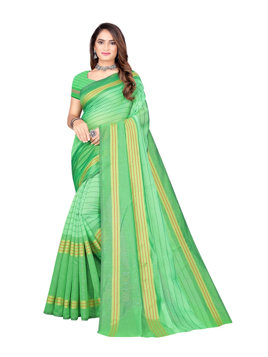 

SAADHVI Green & Yellow Striped Saree