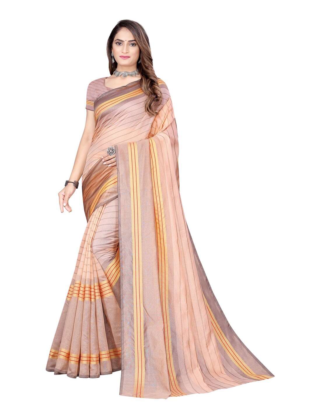 

SAADHVI Peach-Coloured & Red Striped Saree