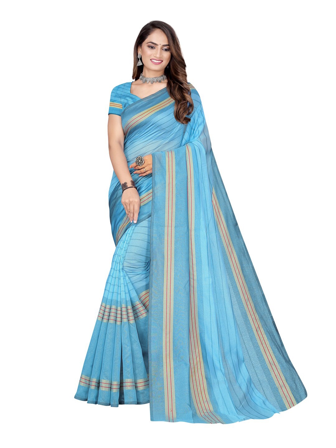 

SAADHVI Turquoise Blue & Red Striped Saree