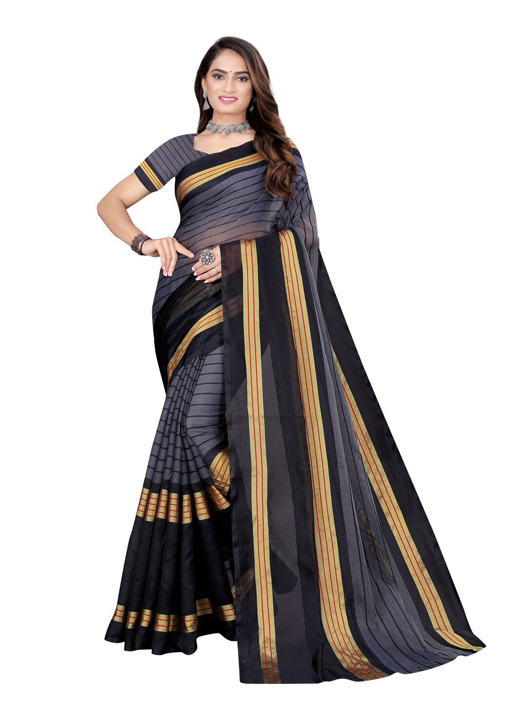 

SAADHVI Black & Brown Striped Saree